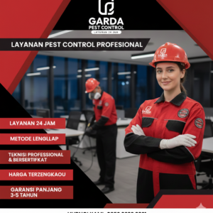 buat Poster promosi digital dengan tema merah dan keren dari Garda Pest Control ini menampilkan citra profesional dalam layanan jasa pembasmi hama, khususnya spesialisasi Pengendalian Hama Secara Umum atau "Pest Control". Fokus visual utama tertuju pada seorang teknisi wanita yang tersenyum ramah mengenakan seragam merah dengan campuran warna hitam dibagian lengan dan samping seragam dan helm keselamatan merah cerah, berlatar belakang penyemprotan teknisi di restoran dengan menggunakan deskripsi seragam yang sama dengan yang dikenakan perempuan dan menggunakan sarung tangan hitam serta masker 3m yang memberikan kesan teknis dan lapangan. Brand ini menonjolkan keunggulan layanan seperti ketersediaan 24 jam, penggunaan metode penanganan terlengkap, serta dukungan teknisi yang profesional dan bersertifikat. Selain menawarkan harga yang terjangkau, mereka juga memberikan nilai tambah berupa jaminan kualitas melalui garansi panjang selama 3 hingga 5 tahun. Keseluruhan informasi ini dikemas dengan desain modern yang bersih, lengkap dengan nomor kontak 0852 3223 9221 di bagian bawah untuk memudahkan akses bagi calon pelanggan. serta gunakan logo garda pest control seperti berikut dibagian gambar serta dibagian dada seragam teknisi dan wanita serta bagian samping kanan ada logo safety dan di helm safety juga ada logo garda pest control