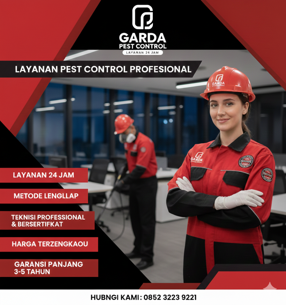 buat Poster promosi digital dengan tema merah dan keren dari Garda Pest Control ini menampilkan citra profesional dalam layanan jasa pembasmi hama, khususnya spesialisasi Pengendalian Hama Secara Umum atau "Pest Control". Fokus visual utama tertuju pada seorang teknisi wanita yang tersenyum ramah mengenakan seragam merah dengan campuran warna hitam dibagian lengan dan samping seragam dan helm keselamatan merah cerah, berlatar belakang penyemprotan teknisi di restoran dengan menggunakan deskripsi seragam yang sama dengan yang dikenakan perempuan dan menggunakan sarung tangan hitam serta masker 3m yang memberikan kesan teknis dan lapangan. Brand ini menonjolkan keunggulan layanan seperti ketersediaan 24 jam, penggunaan metode penanganan terlengkap, serta dukungan teknisi yang profesional dan bersertifikat. Selain menawarkan harga yang terjangkau, mereka juga memberikan nilai tambah berupa jaminan kualitas melalui garansi panjang selama 3 hingga 5 tahun. Keseluruhan informasi ini dikemas dengan desain modern yang bersih, lengkap dengan nomor kontak 0852 3223 9221 di bagian bawah untuk memudahkan akses bagi calon pelanggan. serta gunakan logo garda pest control seperti berikut dibagian gambar serta dibagian dada seragam teknisi dan wanita serta bagian samping kanan ada logo safety dan di helm safety juga ada logo garda pest control